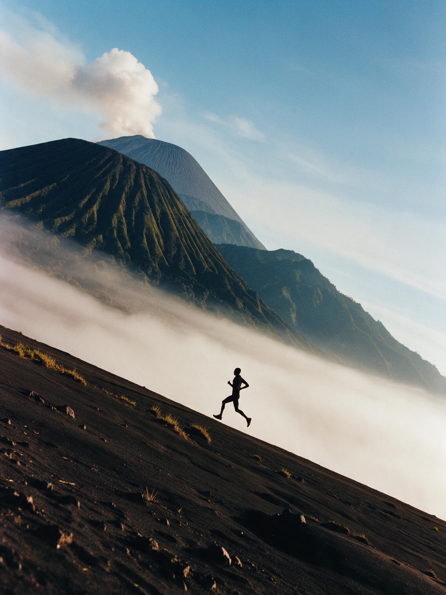 A runner crossing a volcanic slope above the clouds
